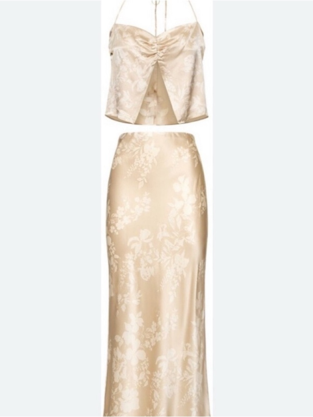 Reformation Beba Champagne Silk Satin Floral Top & Midi Skirt Set Size 4 NWT - Picture 3 of 8